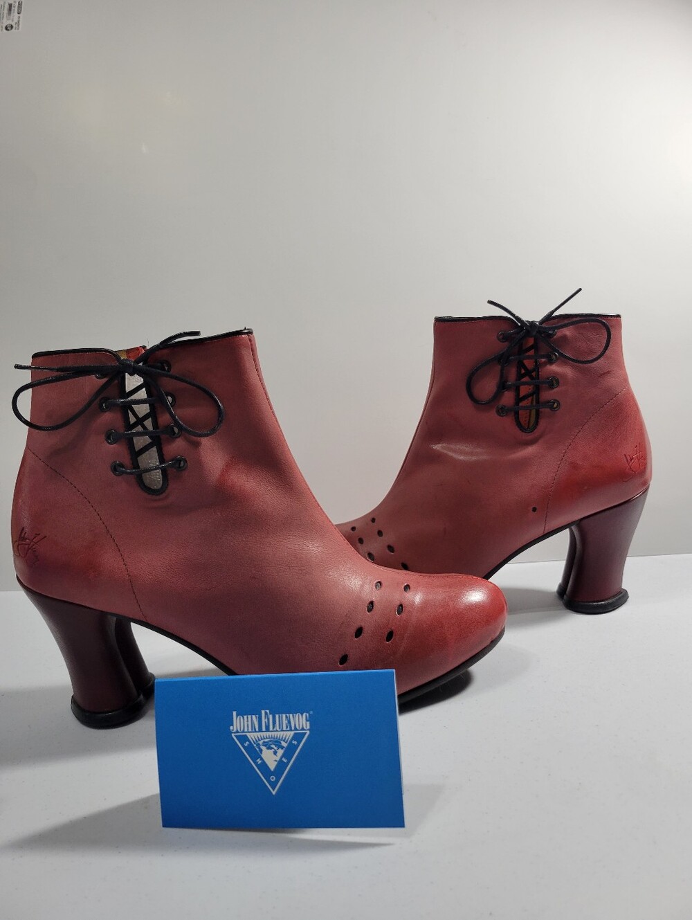 John Fluevog Mini Lover Red Leather Ankle Boots with Ribbon Lacing - Size 9.5